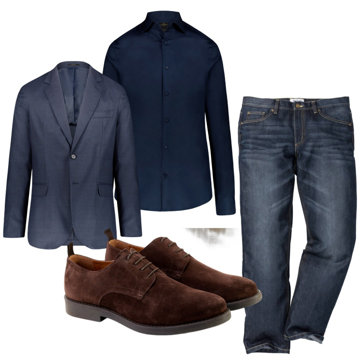 Outfit uomo - Blu. Stile Casual per Tutti i giorni. Abbinamento con jeans dritti, camicie, scarpe stringate, giacche.