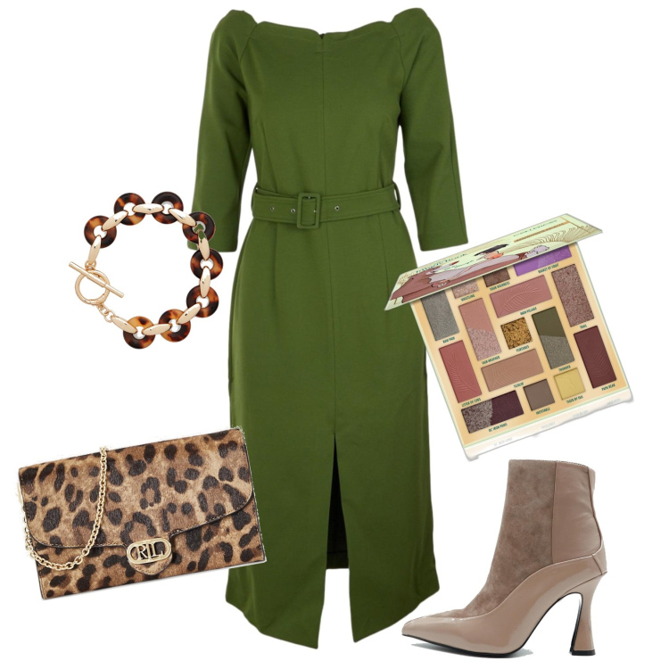 Outfit donna - Il tubino verde per ogni occasione. Stile Glamour per Serata fuori. Abbinamento con ombretti, borse a tracolla, braccialetti, stivaletti, vestiti a tubino.