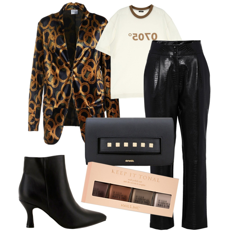 Outfit donna - Rock night. Stile Rock per Serata fuori. Abbinamento con pantaloni, smalti, t-shirt, pochette, stivaletti, giacche.