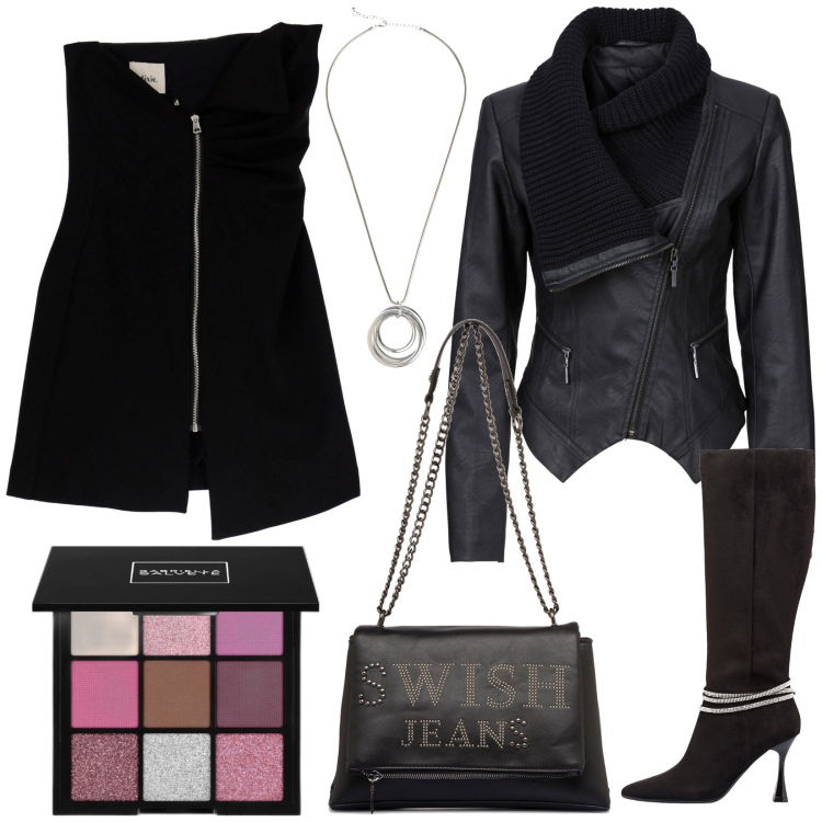 Outfit donna - Sexy al Rock Party. Stile Rock per Serata fuori. Abbinamento con blazer, collane, ombretti, vestiti corti, borse a tracolla, stivali sopra il ginocchio.