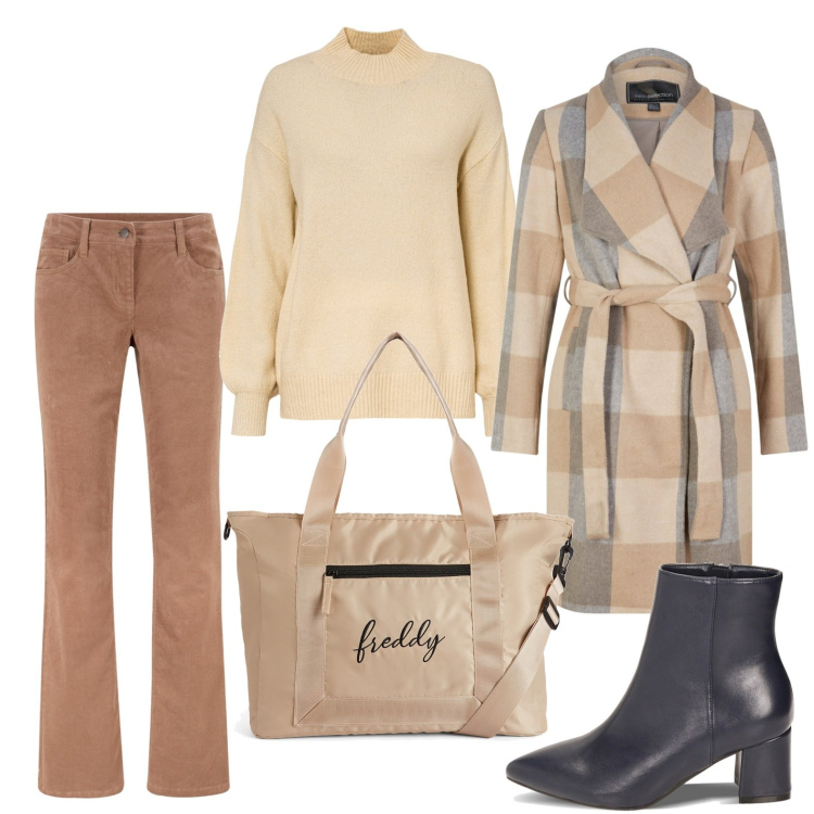 Outfit donna - Pomeriggio di shopping in beige e blu. Stile Basic per Tutti i giorni. Abbinamento con pantaloni, cappotti, maglieria, borse tote, stivaletti.