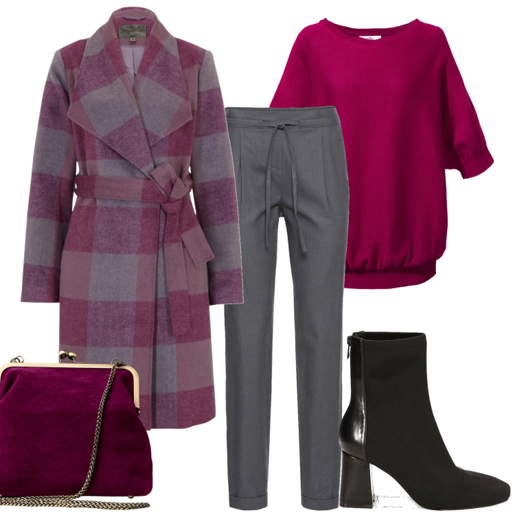 Outfit donna - Total look #1753702. Stile Vintage retrò per Tutti i giorni. Abbinamento con pantaloni, maglieria, cappotti, stivaletti, clutch.