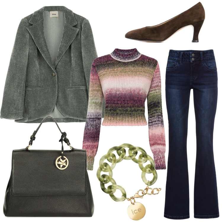 Outfit donna - Al lavoro con il pullover multicolor. Stile Casual chic per Tutti i giorni. Abbinamento con jeans bootcut, maglieria, décolleté, borse a mano, cappotti, braccialetti.