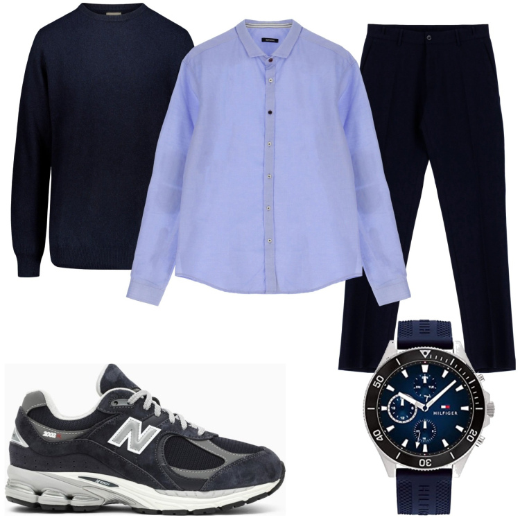 Outfit uomo - Elegante con sneaker. Stile Trendy per Tutti i giorni. Abbinamento con pantaloni capri, camicie, maglieria, orologi analogici, sneakers.