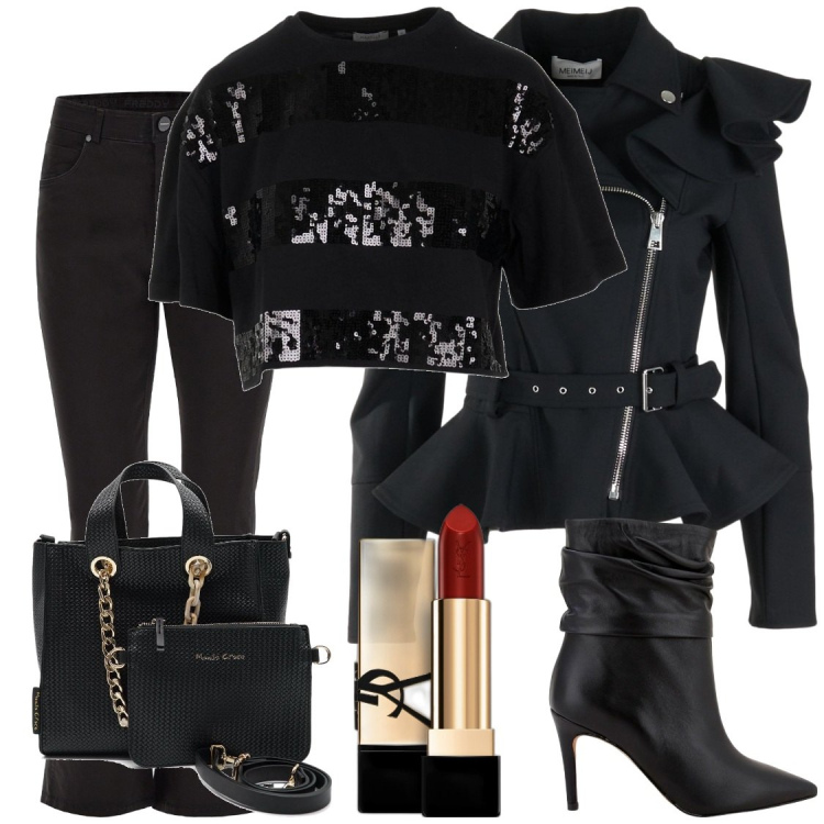 Outfit donna - Stile Rock. Stile Rock per Serata fuori. Abbinamento con rossetti, pantaloni skinny, stivaletti, giacche, t-shirt, borse a mano.