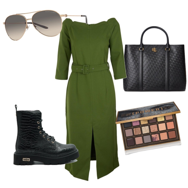 Outfit donna - Un tubino verde e un tocco di make up. Stile Glamour per Tutti i giorni. Abbinamento con ombretti, occhiali da sole, borse a mano, vestiti a tubino, anfibi.