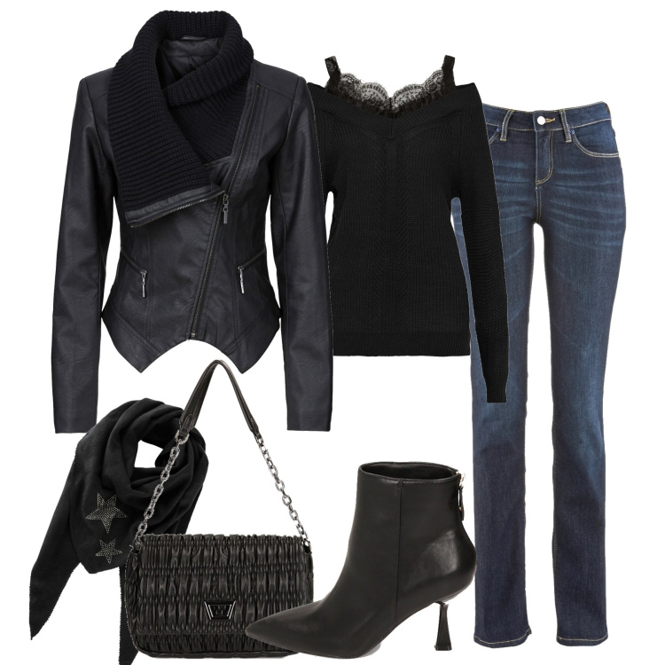 Outfit donna - In città. Stile Casual chic per Tutti i giorni. Abbinamento con blazer, jeans dritti, foulard, maglieria, stivaletti, borse a spalla.