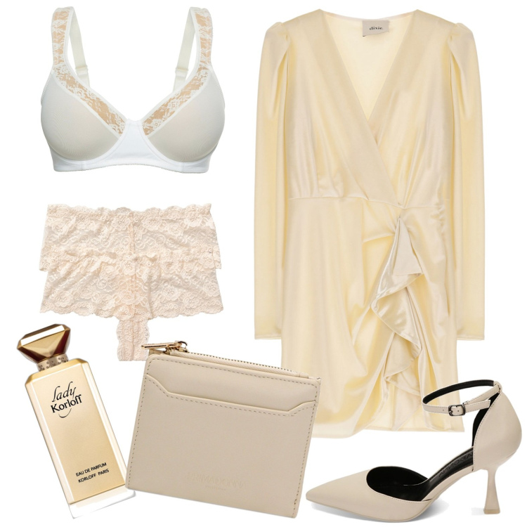 Outfit donna - Total look #1753742. Stile Chic per Serata fuori. Abbinamento con reggiseni, slip, profumi, décolleté, portafogli, vestiti corti.