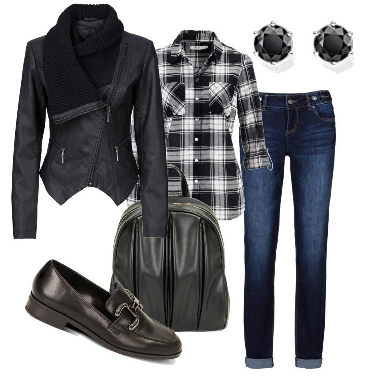 Outfit donna - Urban a quadri. Stile Urban per Scuola/Università. Abbinamento con blazer, camicie, jeans boyfriend, mocassini, zaini, orecchini.