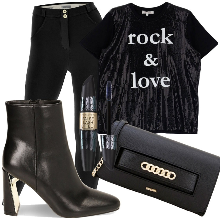 Outfit donna - Stile Rock. Stile Rock per Serata fuori. Abbinamento con mascara, t-shirt, pochette, stivaletti, pantaloni skinny.