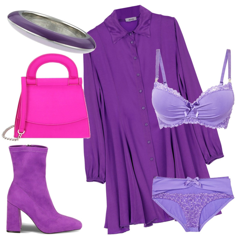 Outfit donna - Total look #1753760. Stile Casual chic per Serata fuori. Abbinamento con reggiseni, culotte, vestiti chemisier, stivaletti, borse a mano, anelli.