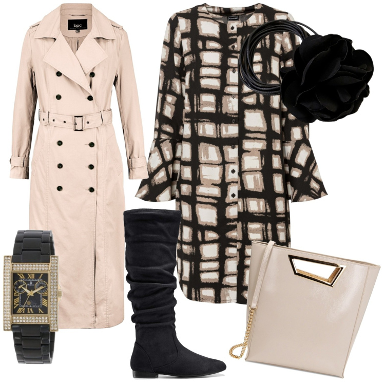 Outfit donna - Cena fuori. Stile Chic per Serata fuori. Abbinamento con stivali, vestiti, trench, borse a mano, collane, orologi.