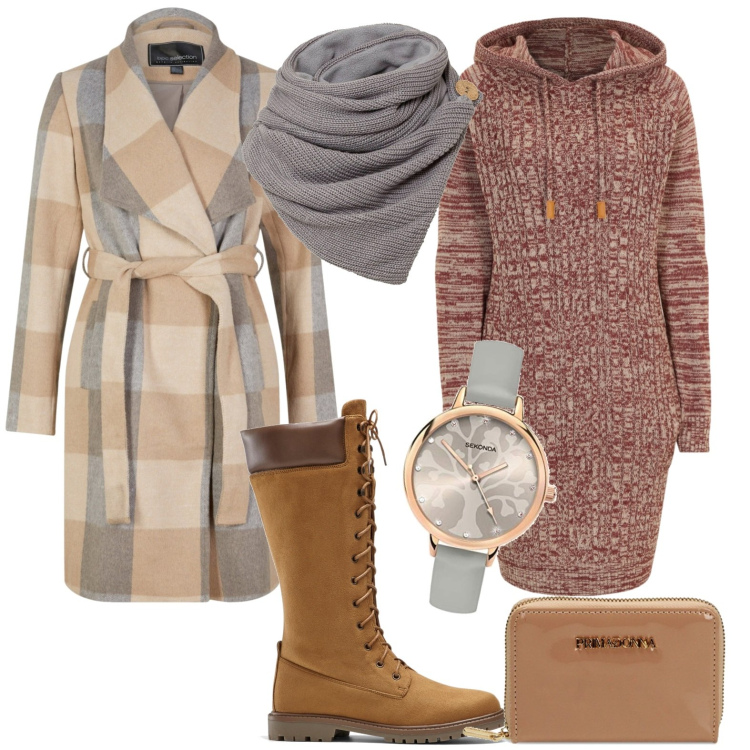 Outfit donna - Total look #1753797. Stile Casual per Tutti i giorni. Abbinamento con foulard, vestiti, stivali sopra il ginocchio, cappotti, portafogli, orologi analogici.