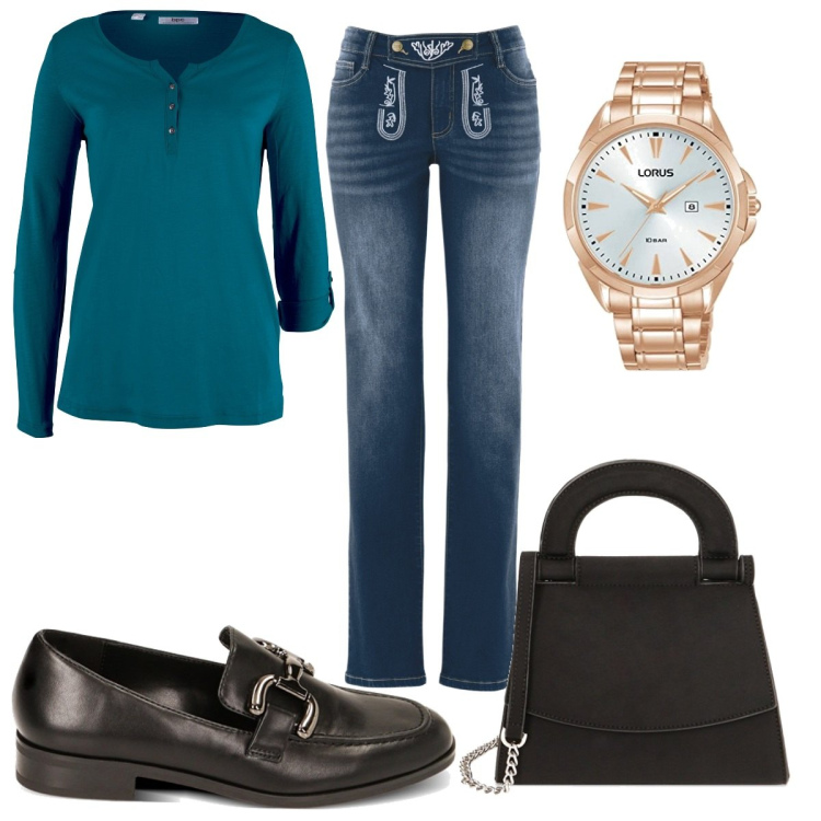 Outfit donna - Total look #1753830. Stile Trendy per Ufficio. Abbinamento con cardigans, jeans dritti, mocassini, borse a mano, orologi.