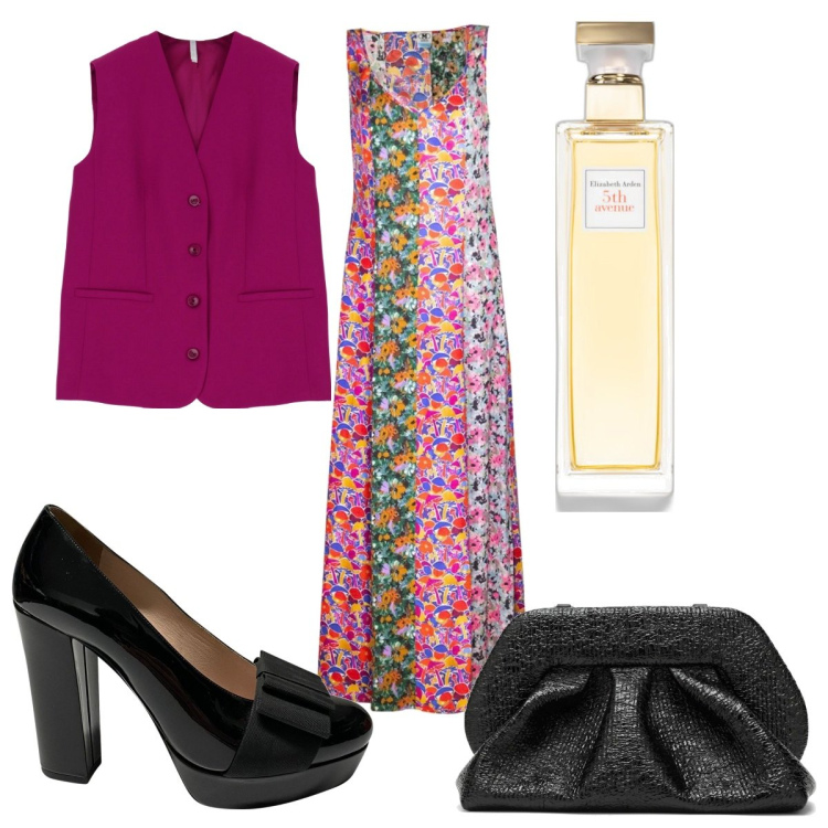 Outfit donna - Total look #1753835. Stile Trendy per Serata fuori. Abbinamento con décolleté, vestiti lunghi, profumi, gilet, clutch.