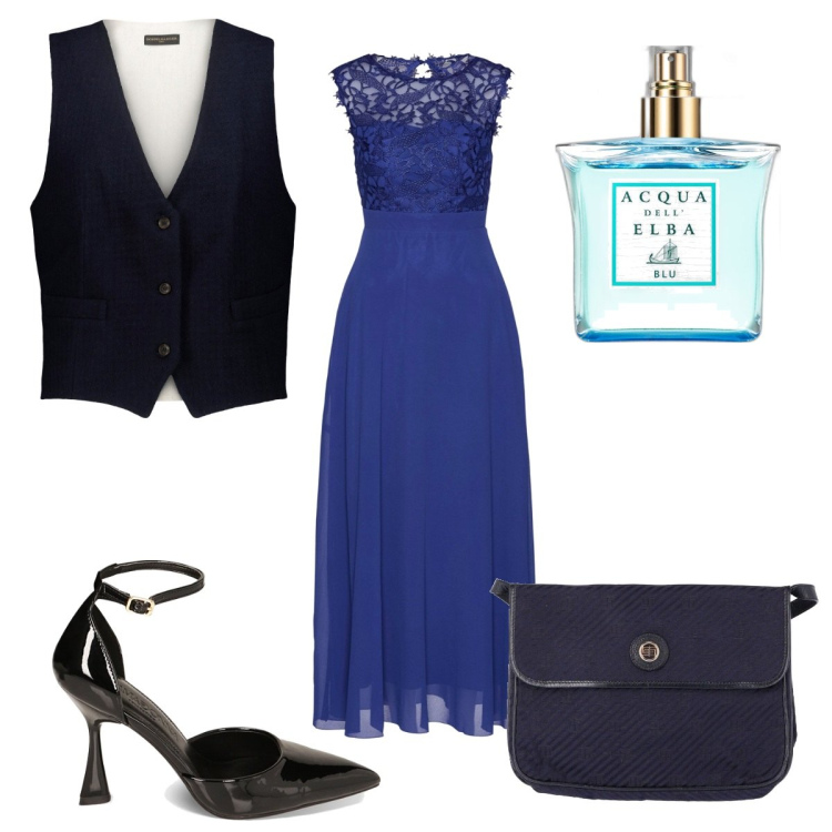 Outfit donna - Total look #1753837. Stile Trendy per Serata fuori. Abbinamento con borse a spalla, vestiti lunghi, profumi, gilet, décolleté.