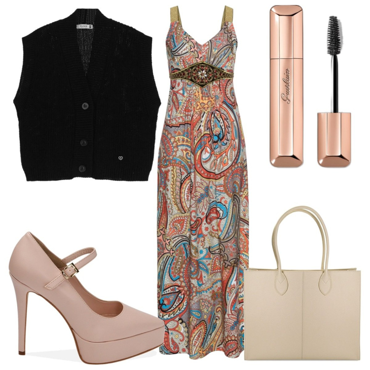 Outfit donna - Total look #1753840. Stile Trendy per Serata fuori. Abbinamento con vestiti lunghi, mascara, gilet, borse a spalla, décolleté.