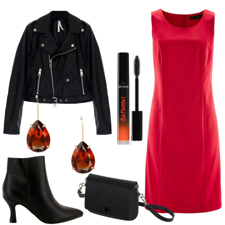 Outfit donna - Tubino rosso e giubbotto biker. Stile Trendy per Tutti i giorni. Abbinamento con vestiti a tubino, mascara, stivaletti, cappotti, orecchini, borse a spalla.