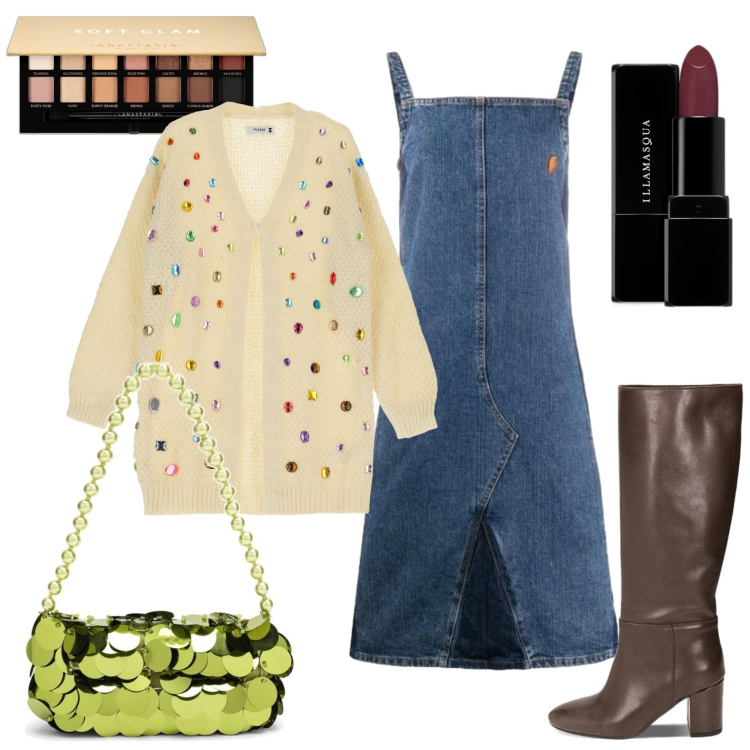 Outfit donna - Cristalli di luce. Stile Casual chic per Tutti i giorni. Abbinamento con vestiti corti, ombretti, rossetti, cardigans, stivali sopra il ginocchio, borse a mano.