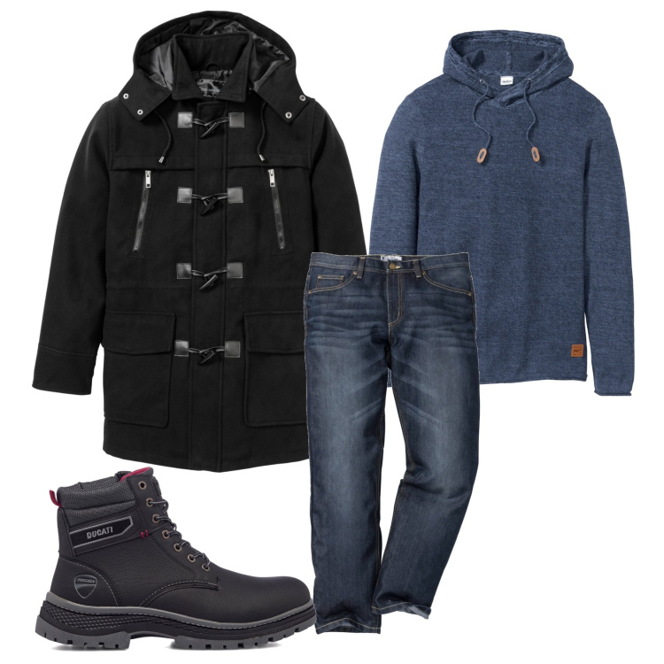 Outfit uomo - Montgomery. Stile Urban per Tutti i giorni. Abbinamento con jeans dritti, maglieria, montgomery, stivali e stivaletti.