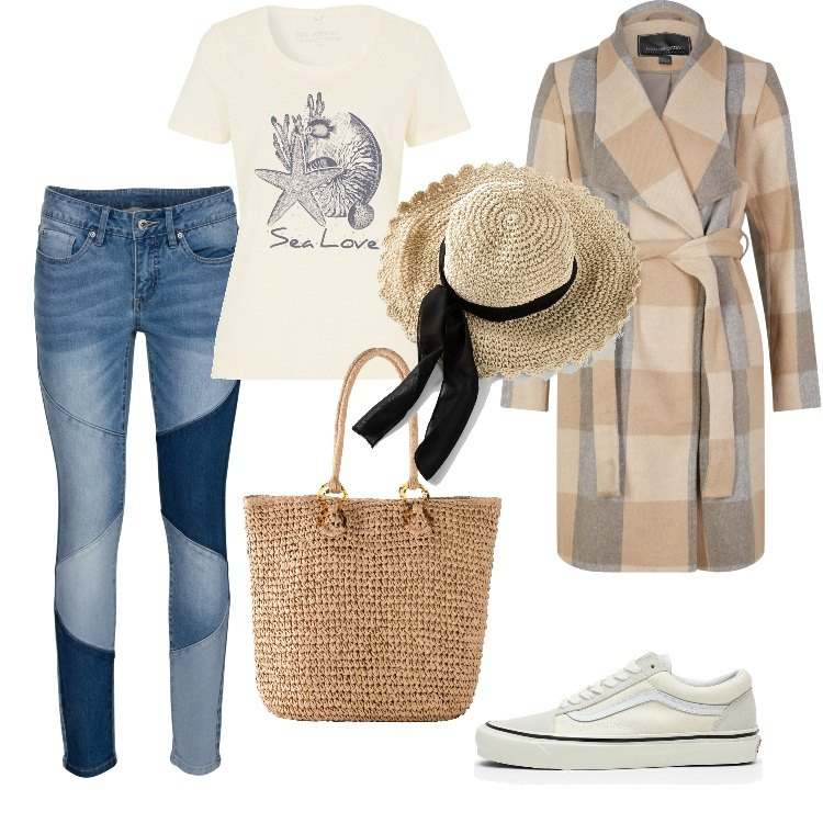 Outfit donna - Sea Love-Novembre. Stile Sporty chic per Mare. Abbinamento con t-shirt, jeans skinny, cappotti, cappelli, shopping bag, sneakers.