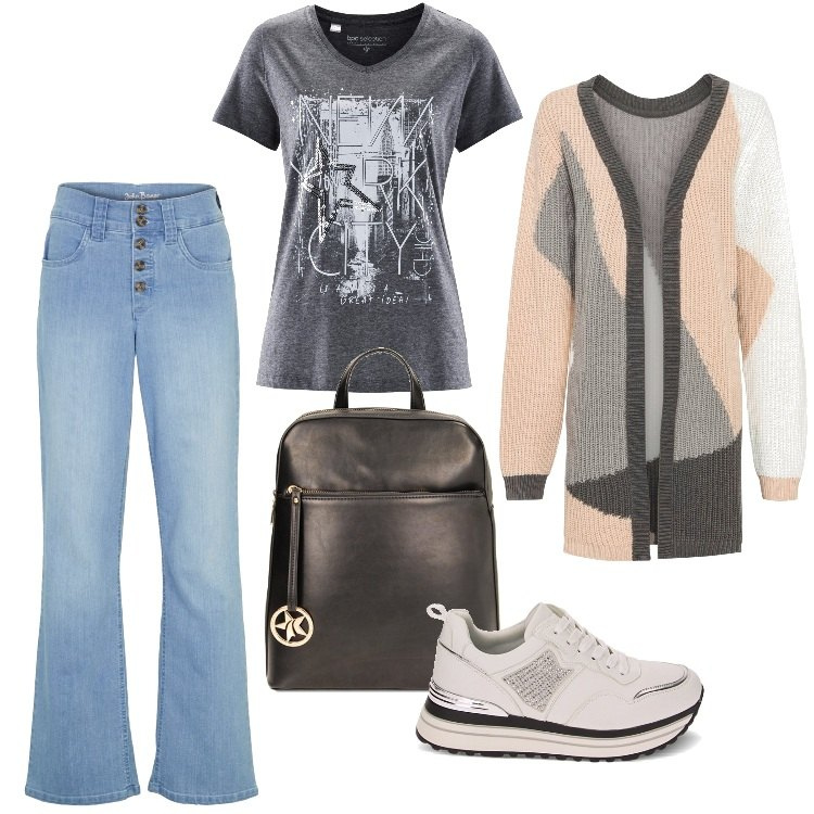 Outfit donna - Total look #1753885-Ottobre. Stile Sporty chic per Ufficio. Abbinamento con cardigans, jeans dritti, t-shirt, sneakers, zaini.