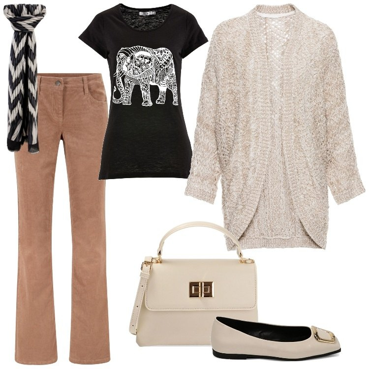 Outfit donna - Total look #1753891-Ottobre. Stile Sporty chic per Ufficio. Abbinamento con pantaloni, cardigans, t-shirt, foulard, ballerine, borse a mano.