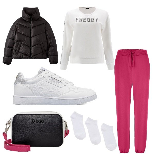 Outfit donna - Look sporivo con O bag. Stile Sporty chic per Sport. Abbinamento con piumini, calzini, pantaloni, felpe, sneakers, borse a tracolla.