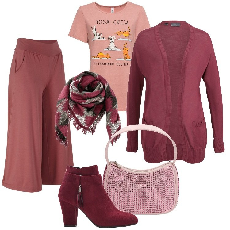 Outfit donna - Total look #1753920-Ottobre. Stile Sporty chic per Ufficio. Abbinamento con pantaloni culotte, cardigans, stivaletti, t-shirt, foulard, borse a spalla.