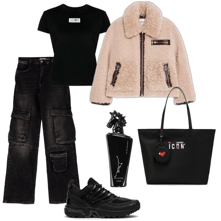 Outfit donna - Total look #1753924. Stile Urban per Scuola/Università. Abbinamento con profumi, pantaloni a palazzo, cappotti, t-shirt, sneakers, shopping bag.