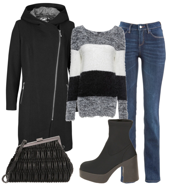 Outfit donna - In città. Stile Basic per Tutti i giorni. Abbinamento con blazer, jeans dritti, maglieria, clutch, stivaletti.