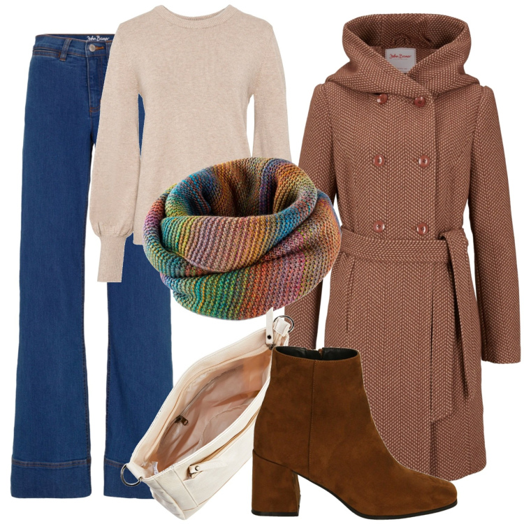 Outfit donna - La morbida sciarpa. Stile Basic per Tutti i giorni. Abbinamento con maglieria, foulard, jeans, cappotti, borse a tracolla, stivaletti.