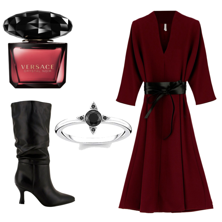 Outfit donna - L\'abito che dona a tutte. Stile Chic per Serata fuori. Abbinamento con profumi, vestiti midi/longuette, stivali, anelli.