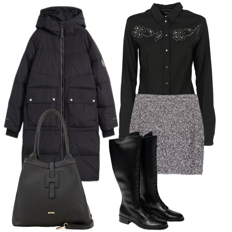 Outfit donna - La mini sotto il piumino. Stile Glamour per Tutti i giorni. Abbinamento con piumini, camicie, minigonne, borse a secchiello, stivali sopra il ginocchio.