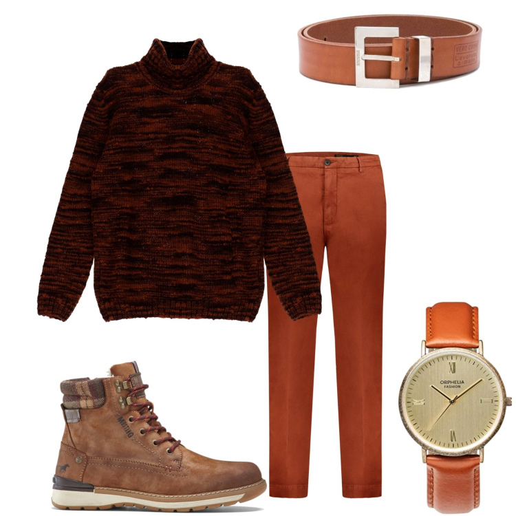 Outfit uomo - in marrone glassé e collo alto. Stile Urban per Tutti i giorni. Abbinamento con stivali e stivaletti, cinture, maglieria, pantaloni, orologi analogici.