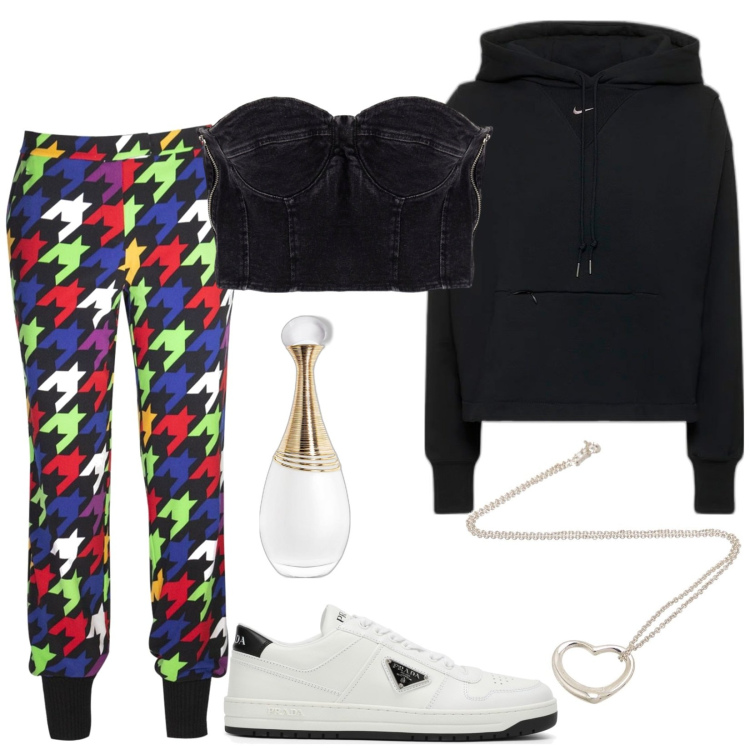Outfit donna - Total look #1753994. Stile Trendy per Tutti i giorni. Abbinamento con collane, pantaloni, profumi, top, felpe con cappuccio, sneakers.