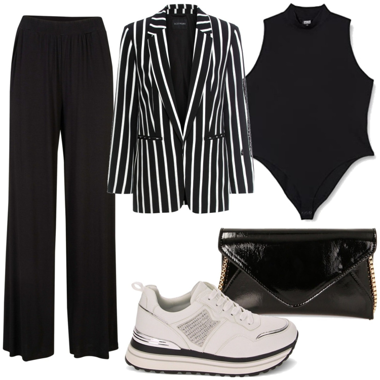Outfit donna - Total look #1754005. Stile Casual per Ufficio. look ideale per Tall. Abbinamento con pantaloni, blazer, sneakers, borse a tracolla, body.