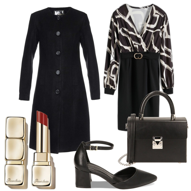 Outfit donna - Invito galante. Stile Chic per Serata fuori. Abbinamento con vestiti, cappotti, rossetti, décolleté, borse a spalla.