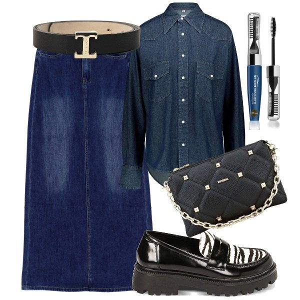 Outfit donna - Total denim. Stile Trendy per Tutti i giorni. Abbinamento con mascara, gonne lunghe, pochette, cinture, mocassini, camicie.