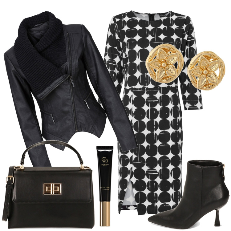 Outfit donna - L\'abito opltical. Stile Chic per Serata fuori. Abbinamento con blazer, vestiti a tubino, correttori, stivaletti, borse a mano, orecchini.