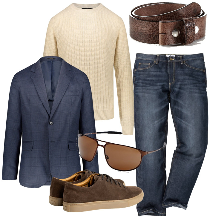 Outfit uomo - Ma che bel tipo!. Stile Casual per Tutti i giorni. Abbinamento con jeans dritti, giacche, occhiali da sole, cinture, scarpe sportive, maglieria.