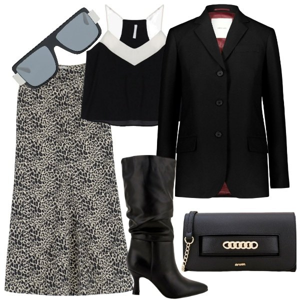 Outfit donna - Eleganza invernale. Stile Bon Ton per Tutti i giorni. Abbinamento con occhiali da sole, gonne lunghe, canottiere, pochette, stivali, blazer.