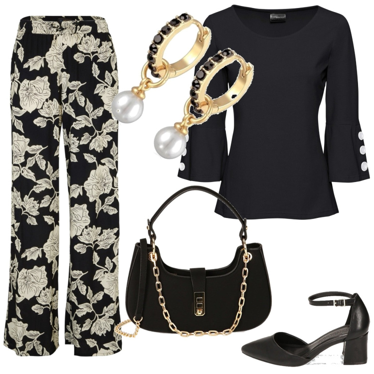 Outfit donna - La borsa versatile. Stile Casual chic per Tutti i giorni. Abbinamento con pantaloni a palazzo, maglieria, borse a spalla, décolleté, orecchini.