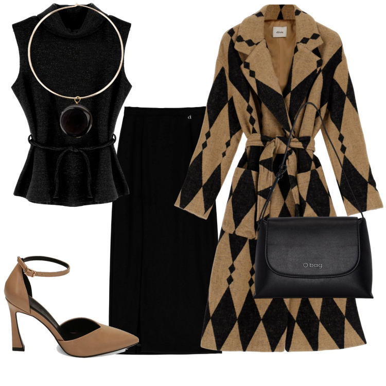 Outfit donna - Nero e color cammello. Stile Casual chic per Tutti i giorni. Abbinamento con décolleté, cappotti, maglieria, ciondoli, gonne lunghe, borse a spalla.