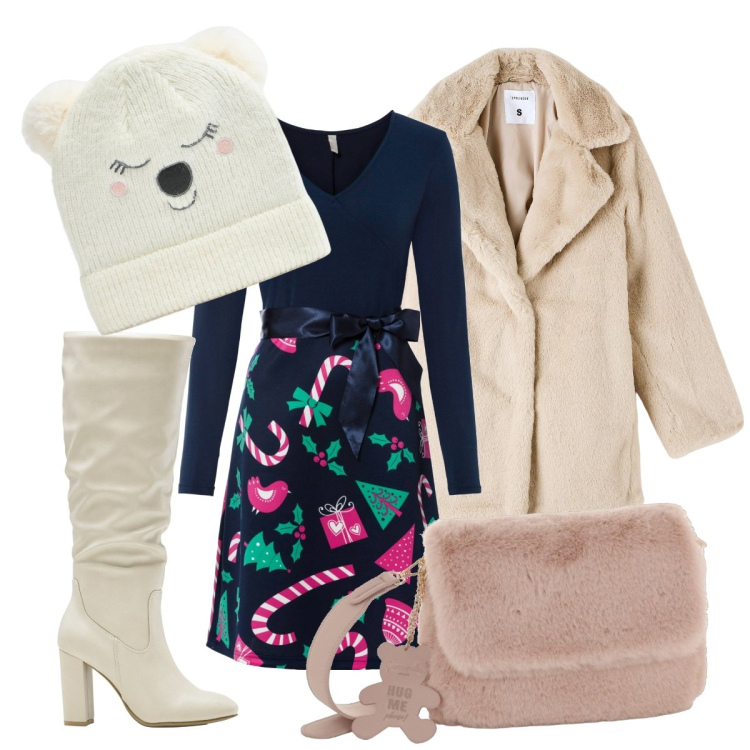Outfit donna - Camomilla bag per Natale. Stile Romantica per Serata fuori. Abbinamento con vestiti corti, stivali sopra il ginocchio, ecopellicce, berretti, pochette.