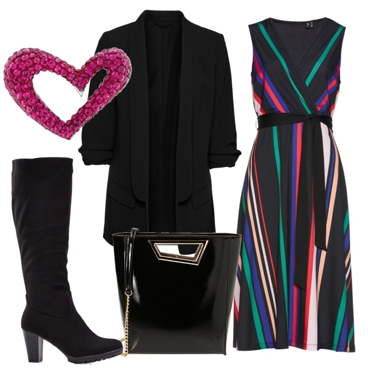 Outfit donna - Iperfemminile. Stile Trendy per Serata fuori. Abbinamento con vestiti, stivali, blazer, borse a mano, ciondoli.