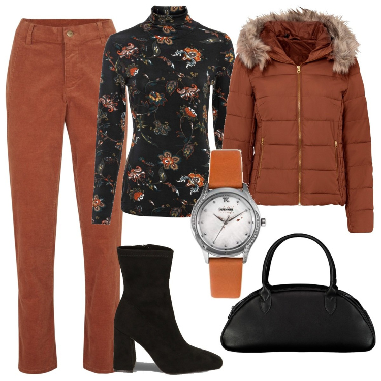 Outfit donna - Caldi toni d\' Autunno. Stile Casual chic per Tutti i giorni. Abbinamento con maglieria, giacche, pantaloni, stivaletti, borse a spalla, orologi.