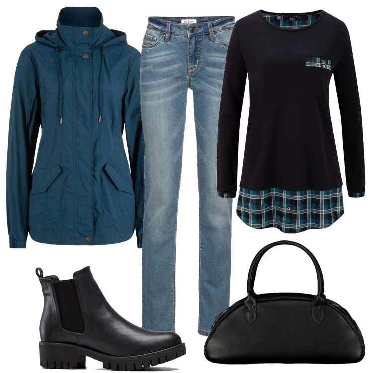 Outfit donna - Semplicità autunnale. Stile Basic per Tutti i giorni. Abbinamento con jeans dritti, blazer, stivaletti chelsea, maglieria, borse a spalla.