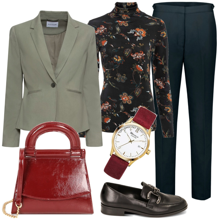 Outfit donna - Borsa rossa. Stile Casual chic per Ufficio. Abbinamento con blazer, maglieria, borse a mano, mocassini, pantaloni, orologi.