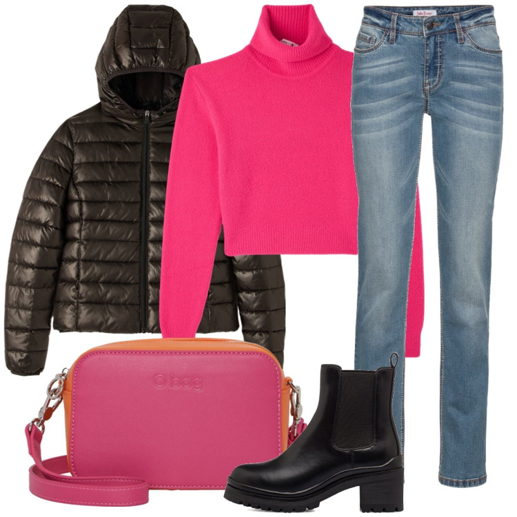 Outfit donna - Scende la pioggia ma che fa. Stile Casual per Tutti i giorni. Abbinamento con jeans dritti, piumini, maglieria, stivaletti, borse a tracolla.